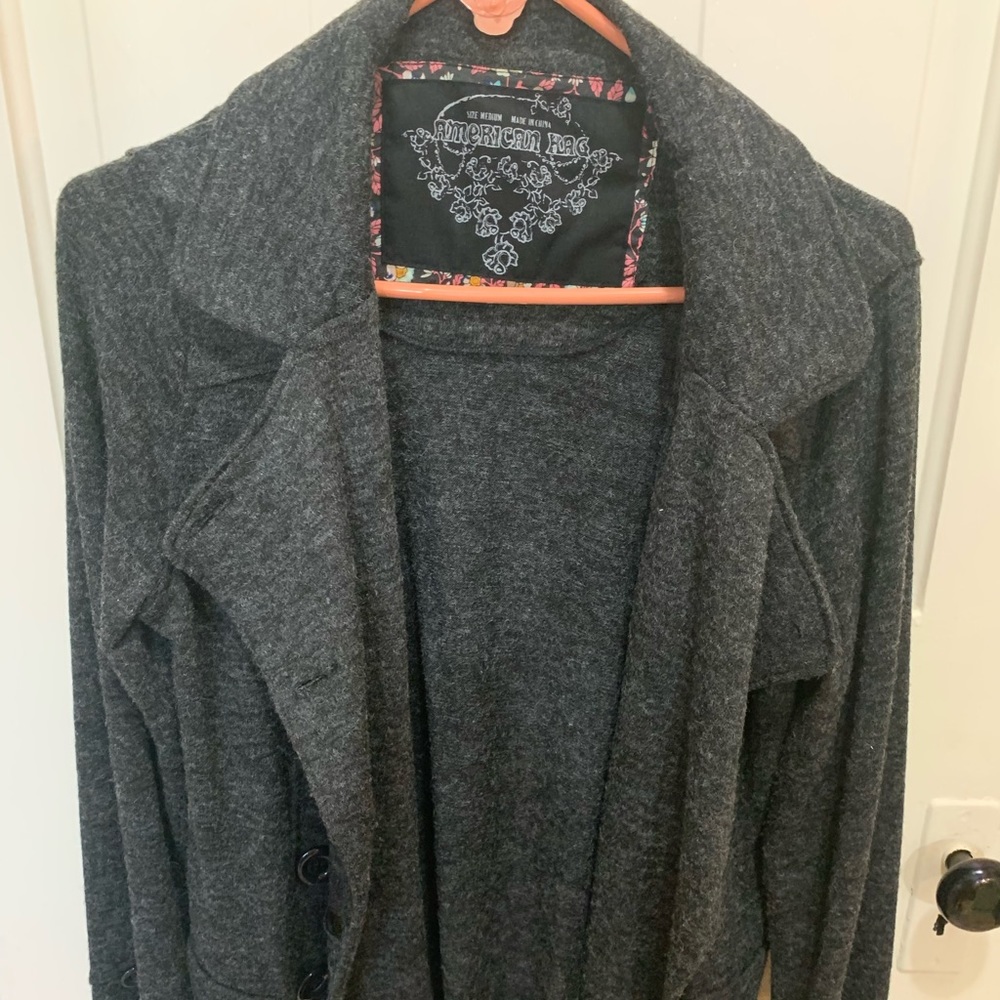 Charcoal light weight dress coat.